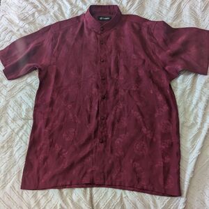 YuanZhu Men’s Mandarin Collar Shirt Burgundy Jacquard Polyester Short Sleeve